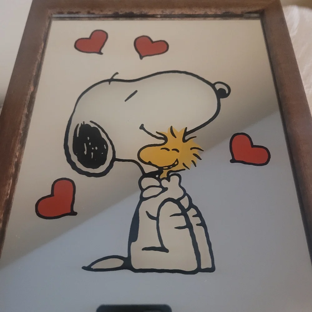 Vintage Snoopy and Woodstock Framed Glass Mirror
